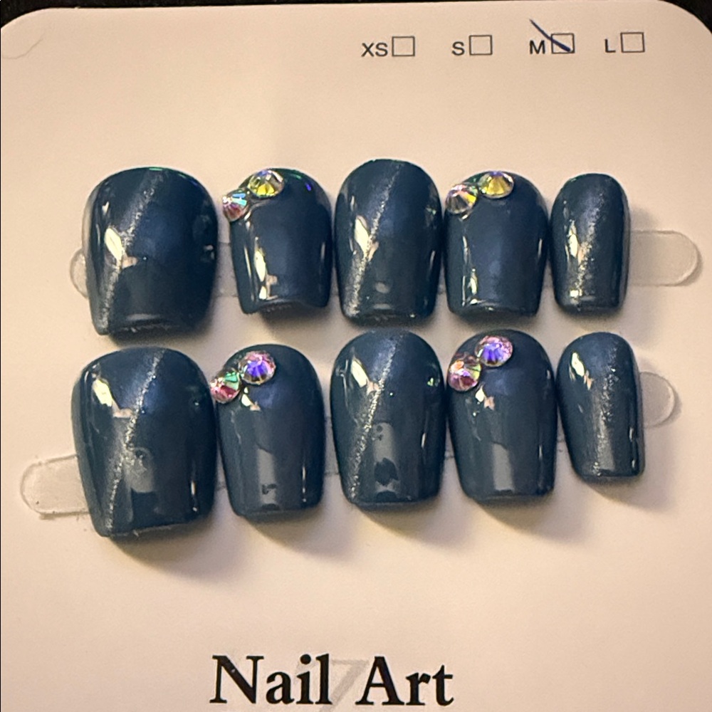 Blue Nail Art with Rhinestones